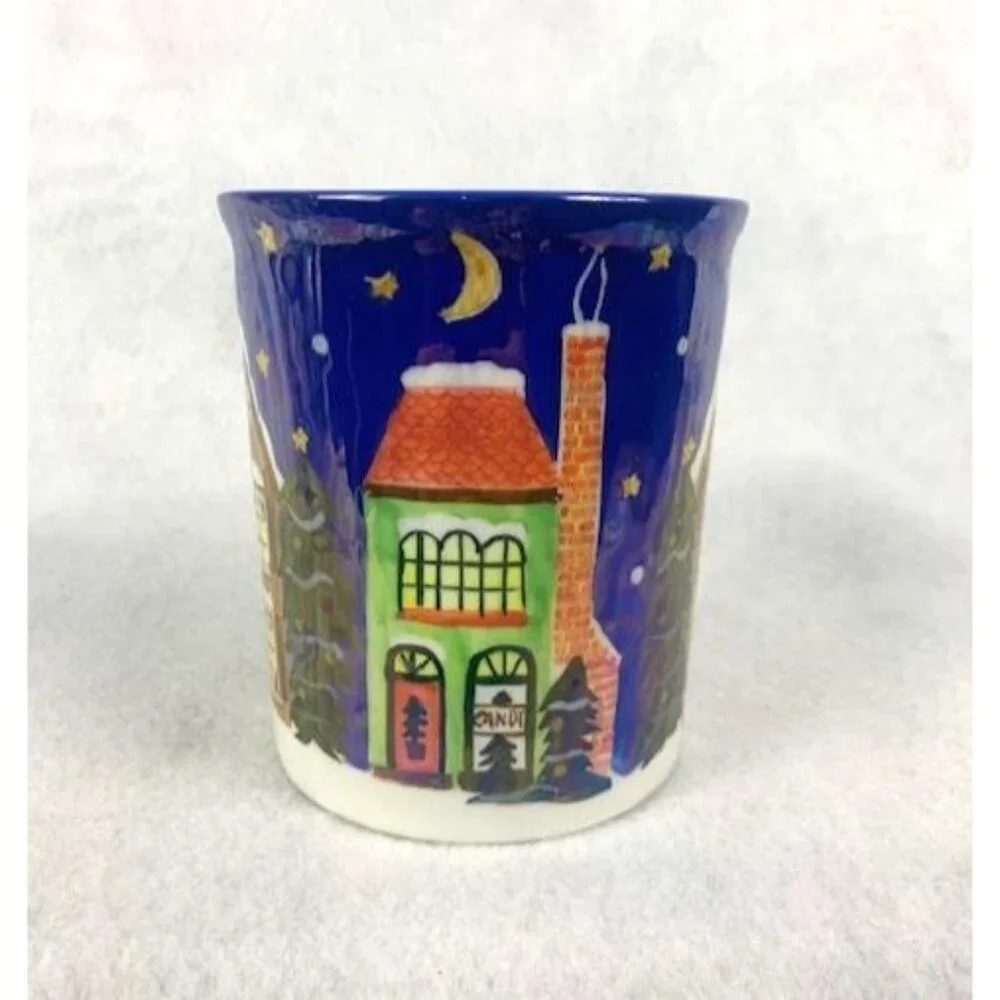 Ceramic Coffee Tea Mug by‎ Cardinal Inc with Winter Village Scene Blue Handle